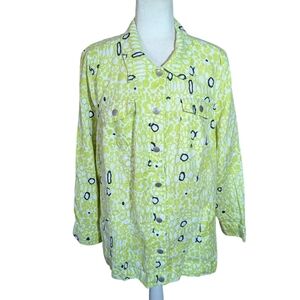 Vtg LINEN Shacket Richard Malcolm Green/WHITE/Black Print Shirt SZ 3X